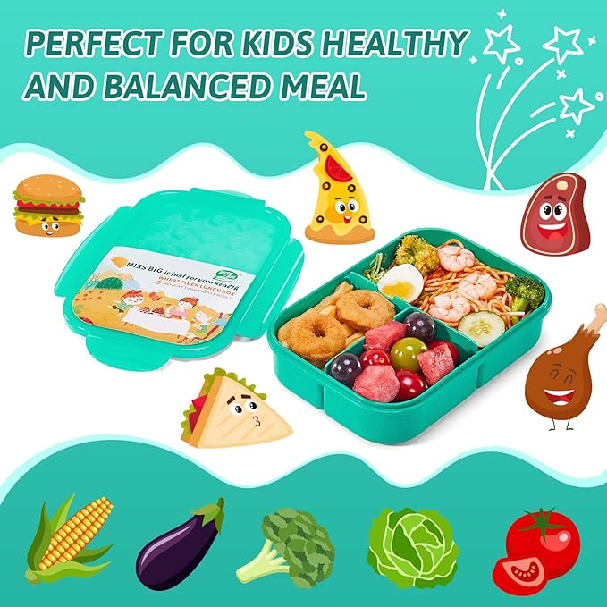MISS BIG Bento Box for Kids, Leakproof Lunch Box, No BPAs & Chemical Dyes, M/W, D/W & Fridge Safe (1150ml Green)