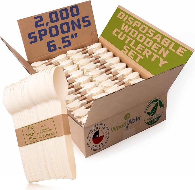 Disposable Wooden Cutlery Set - 100% Home Compostable - 2000 Spoons 6.5", Bamboo Utensils Alternative, Eco-Friendly, Organic, Sustainable and Carbon Neutral Certified