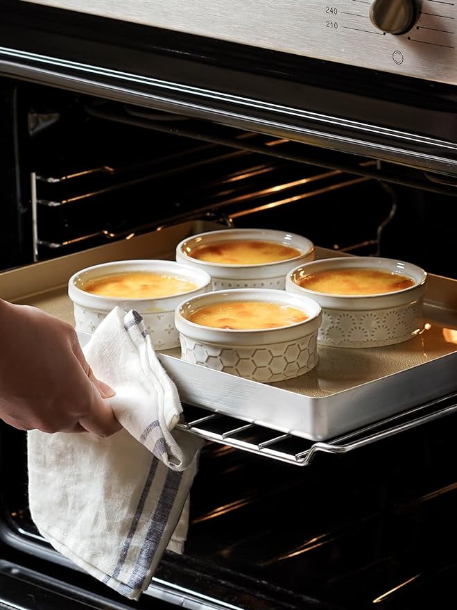 LE TAUCI Ramekins Oven Safe with Lids, 6 oz Ramikin Set for Creme brulee, Souffle, Dipping Sauces, Ceramic Food Storage Containers, Baking Dishes - 4.2 inch, Set of 4, Arctic White