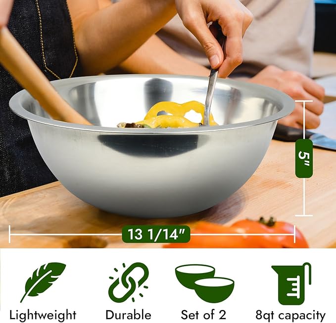 8 Quart, Set of 2, Mixing Bowls, Stainless Steel, Professional Chef, Commercial Kitchen, 13.25 Inches Diameter, Flat Base