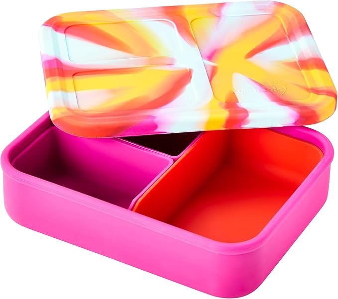LunchBots Build -a- Bento Lunch Box, Silicone Bento Box for Kids, Multi-Compartment Lunch Container, Oven & Dishwasher Safe, BPA Free, 32 oz - Tie Dye Pink
