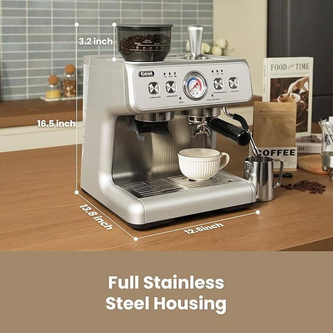 Gevi Dual Boiler Espresso Machine with Built-in Grinder, 58mm Commercial Portafilter, Barista Steam Wand, 31 Grind Settings, Stainless Steel, for Home Barista Use, Sterling Silver