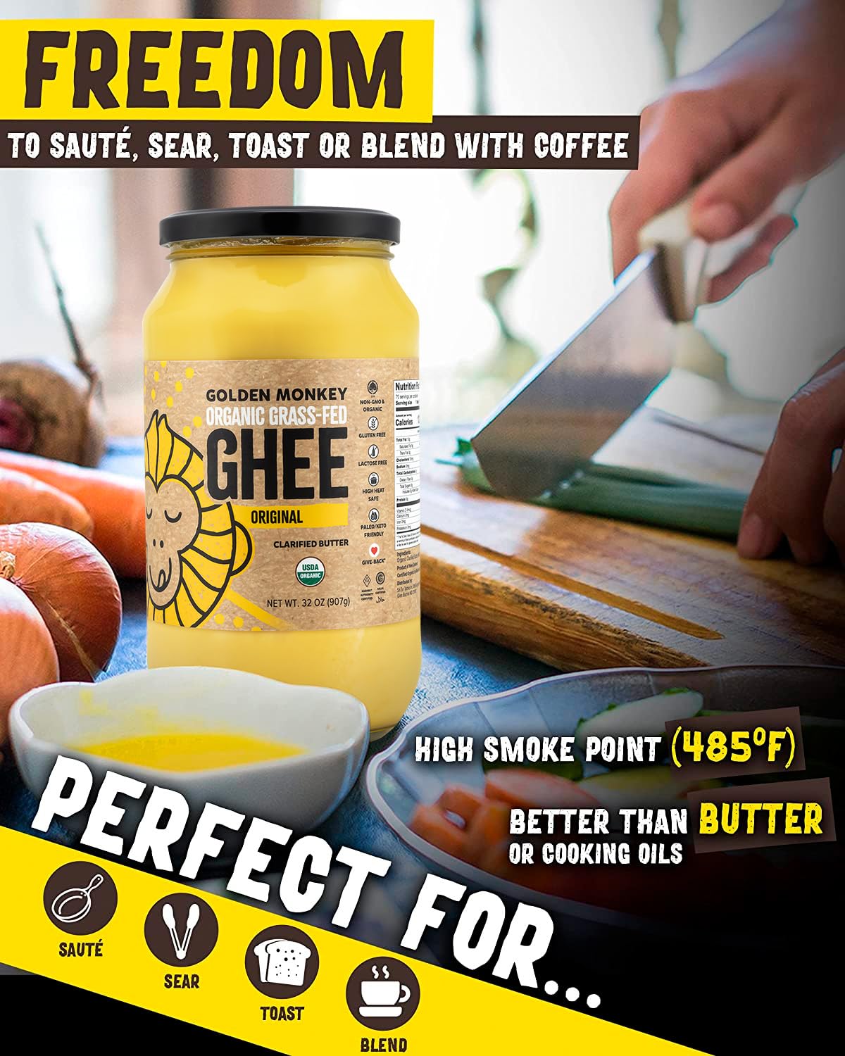 GOLDEN MONKEY Organic Ghee Butter – Grass Fed Clarified Butter for Cooking, Baking, Keto & Gut Health – Ghee Butter Organic Grass Fed from Small Farms – Smooth Spread with High Smoke Point (32oz)