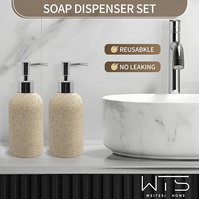 Hand Soap Dispenser for Bathroom and Kitchen Countertop, 10 oz Resin Soap and Lotion Dispensers Set with Plastic Rust Proof Pump, Boho Refillable Liquid Dish Soap Dispensers Bottle,Beige