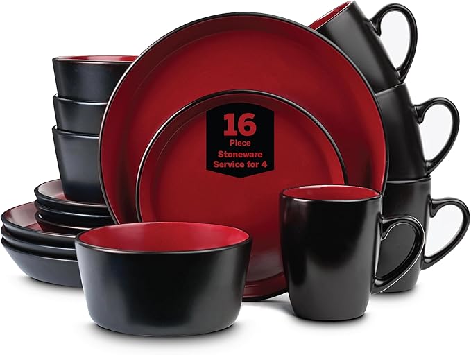 Stone Lain Albie Stoneware 16 Piece Dinnerware Set, Plates and Bowls Sets, Dish Set for 4, Red and Black, Microwave & Dishwasher Safe