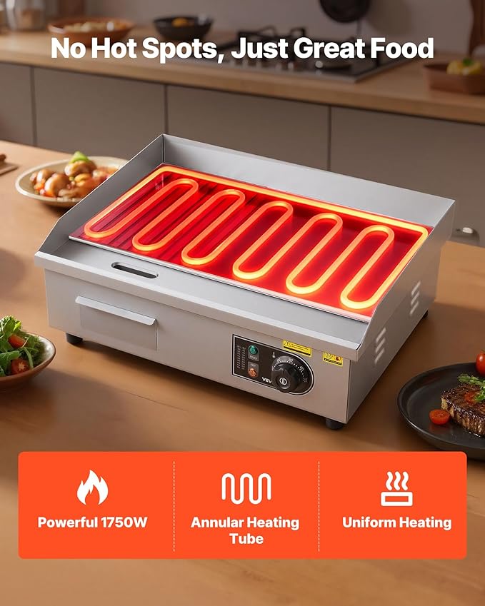 VEVOR Commercial Electric Griddle, 21.06 x 11.81 inch, 1750W, 122-570°F Adjustable Temp Control, Stainless Steel Body, Half Grooved Half Flat, with 2 Spatulas, 2 Brushes, and 4 Foot Pads, for Steak