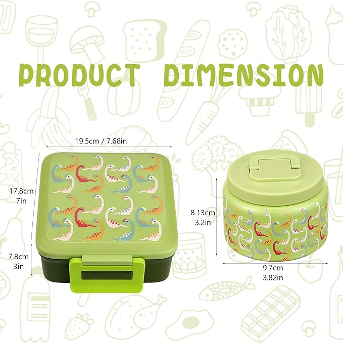 Bento Lunch Box for Kids with 8oz Soup Thermo,Leak-Proof Lunch Containers with 5 Compartment,Thermo Food Jar Food Containers for School (Green-Colorful Dinosaur)