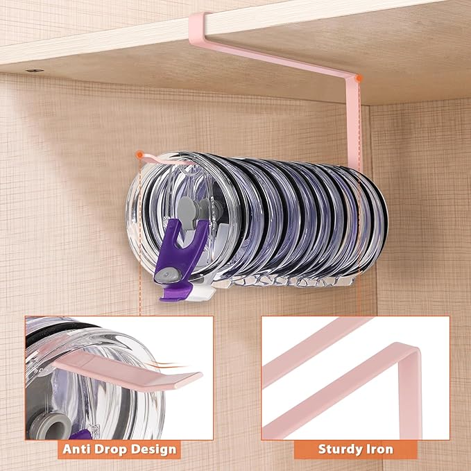 2 Pack Tumbler Lid Organizer, Horizontal Tumbler Lid Storage Hook to Hold Up 20 Lids, Space Saving Cup Lid Holders Under Cabinet Tumbler Lid Hook for Kitchen Organizer, Paper Towel Rack Hanger (Pink)