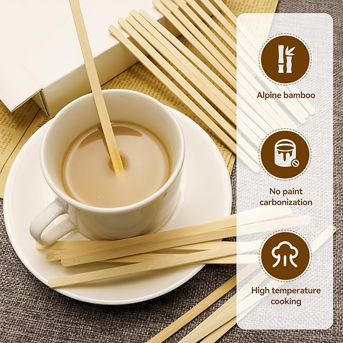 300 Count Bamboo Coffee Stirrer - Disposable 7 inches Long Wooden Stir Sticks for Coffee and Cocktails - Smooth, Splinter-Free Beverage Mixers - Ideal for Cafe, Bars and Drink Stations