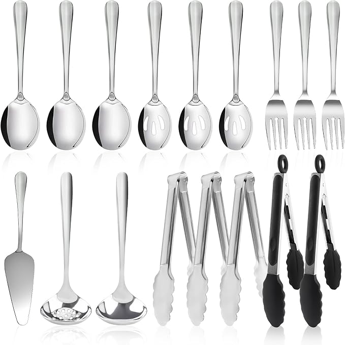 17PCS Serving Utensils Set Flatware, Stainless Steel Serveware Large Serving Spoons, Slotted Spoons, Forks, Tongs, Cake Server,Soup and Skimmer Spoon for Buffet, Catering, Party, Dinner (Silver)
