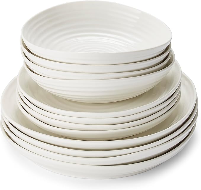 Portmeirion Sophie Conran 12 Piece Coupe Dinnerware Set - Dinner Plates, Side Plates & Bowls, Porcelain Kitchen Tableware for Everyday Dining & Entertaining - Durable & Dishwasher Safe