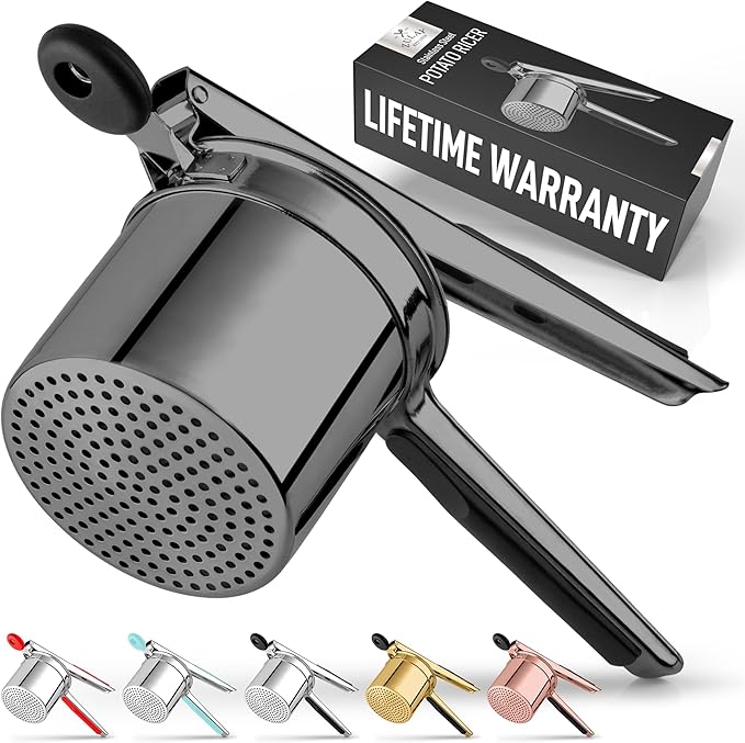 Zulay Kitchen Large 15oz Potato Ricer, Heavy Duty Stainless Steel Potato Masher and Ricer for Mashed Potatoes, Mashed Potato Masher & Potato Press Gadget for Perfect Mashed Potatoes - Metallic Black