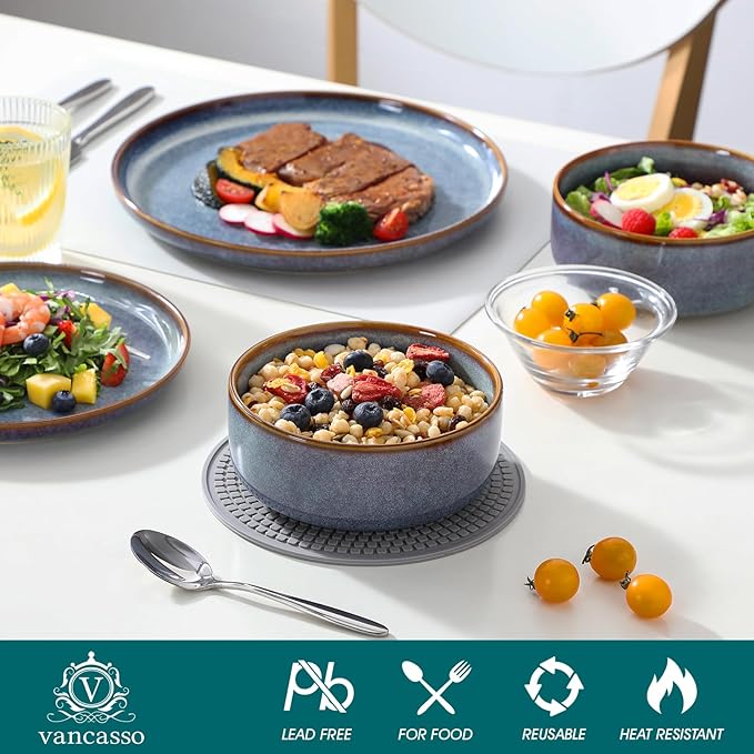 vancasso PLAYA Plates and Bowls Sets, 18 Pieces Grey-Blue Dinnerware Sets for Kitchen, Reactive Glaze Dishes Set for 6, Dishwasher and Microwave Safe