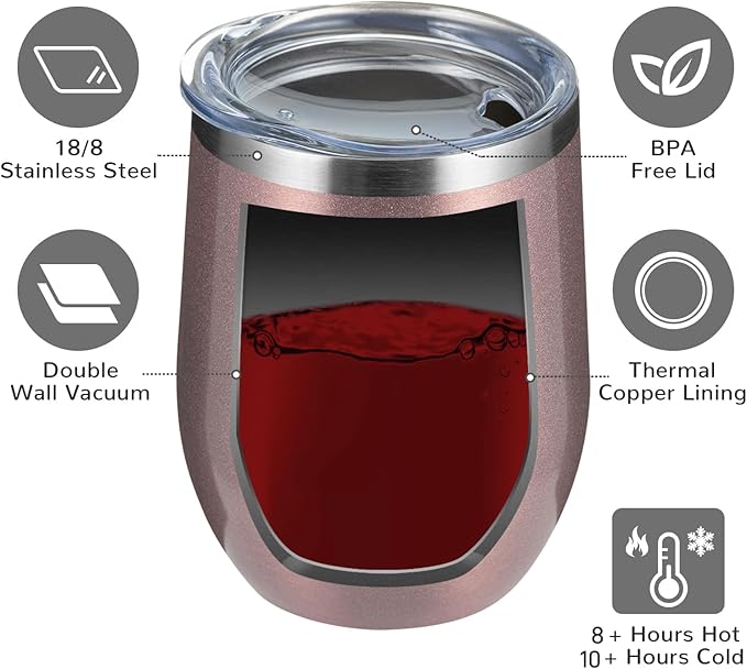 MEWAY 12oz/4 Pack Wine Tumbler Glasses with Lid - Stemless Double Wall Vacuum Stainless Steel Travel Tumbler - Keeping Cold & Hot for Wine,Coffee,Cocktails,Gifts (Rose gold,Set of 4)