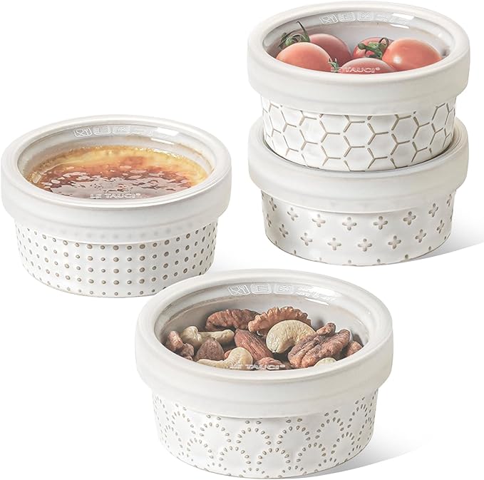 LE TAUCI Ramekins Oven Safe with Lids, 4 oz Charcuterie Boards Bowls Set for Creme brulee, Souffle, Dipping Sauces, Ceramic Food Storage Containers - 3.8 inch, Set of 4, Arctic White