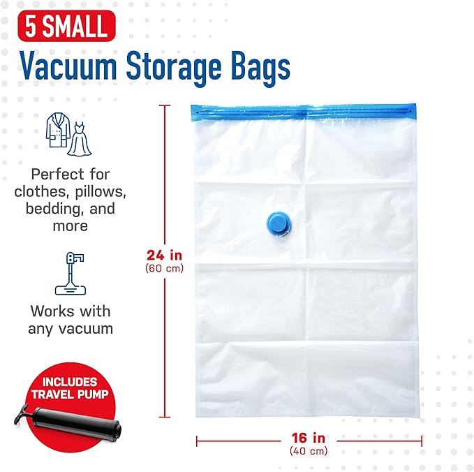5 Pack Small Vacuum Storage Bags for Comforters, Blankets & Clothes – Vacuum Sealed Compression Bags with Hand Pump – Space Saver Storage Bags for Bedding, Moving, Travel & Organization