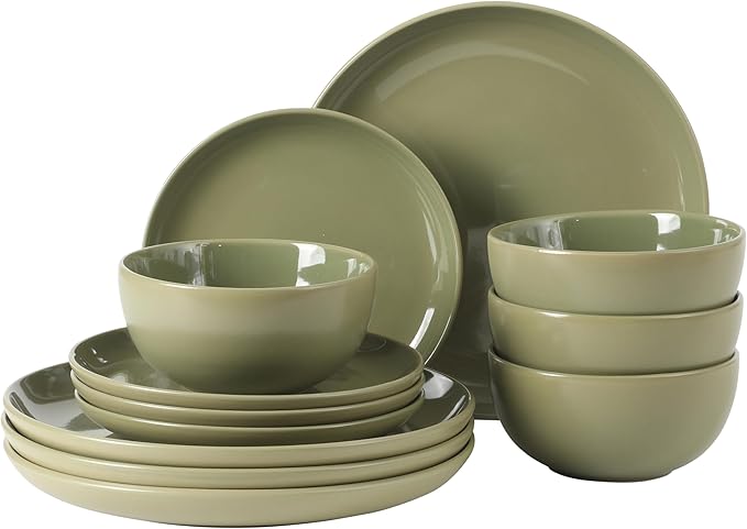 Gibson Home Rockaway 12 Piece Plates and Bowls Matte Outside/Shiny Inside Glaze Service for 4 Dinnerware Set - Green - Dishwasher and Microwave Safe