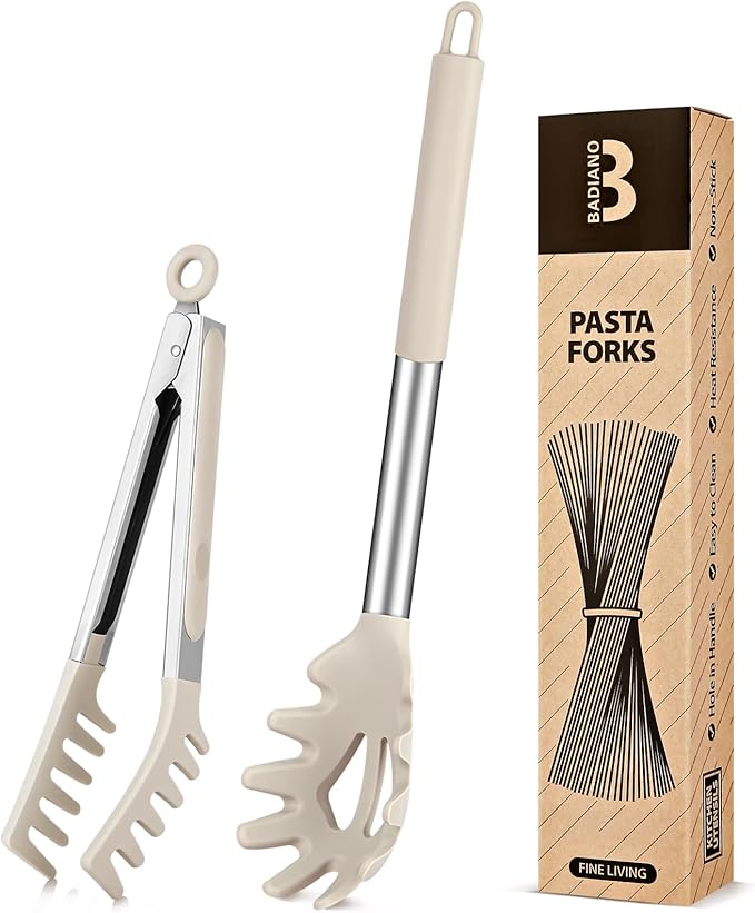 Silicone Spaghetti Spoon & Pasta Tong, Non-Stick Stainless Steel Handle Pasta Fork Set with Teeth, Food Clip for Easy Serving of Noodles (Khaki)