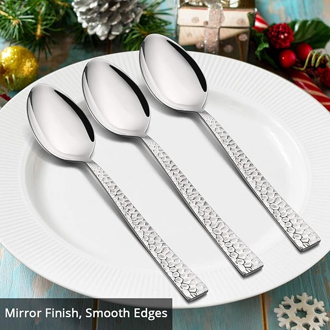 Hammered Dinner Spoons Set of 6, E-far 7.9 Inch Stainless Steel Soup Spoons Tablespoons for Home, Kitchen or Restaurant, Non-toxic & Mirror Polished, Squared Edge & Dishwasher Safe