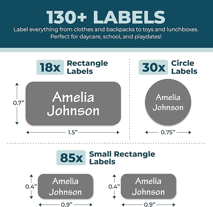 Personalized Daycare Name Labels for Kids (130 Labels) - Custom Waterproof Name Stickers for Clothing Tags, Water Bottles, Lunch Boxes and School Supplies (Solid Color)