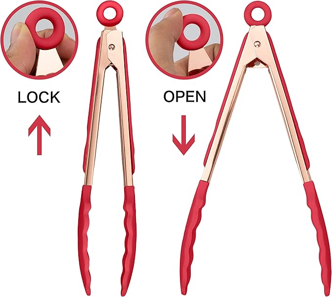 COOK WITH COLOR Stainless Steel Silicone Tipped Kitchen & BBQ Tongs Set, 2 Pc Tongs, Red