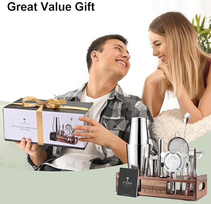 Premium 15-Piece Mixology Bartender Kit – Stainless Steel Cocktail Shaker Set with Wooden Stand | Professional Boston Shaker Bar Tool Set for Home & Expert Mixologists | Luxury Cocktail Making Gift