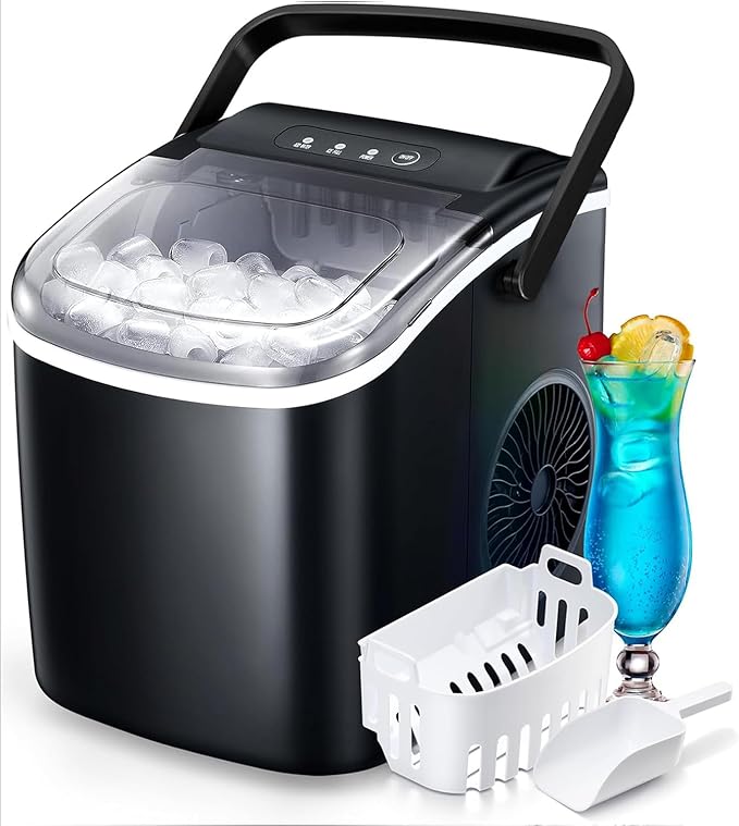 Countertop Ice Maker Machine, Portable Compact Small Bullet Ice Maker with Self Cleaning Function Makes 9 Cubes in 6 Minutes, Up to 26lbs in 24 Hours, Ideal for Camping Dorm Home Outdoor Use(Black)