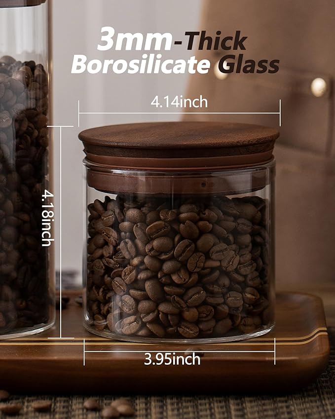 17 oz Coffee Canister with Scoop and Wooden Lids, Airtight Glass Coffee Beans Storage Container Sets of 2 for Ground Coffee,Food Storge Jars for Ground Coffee Bar Cereal Snack