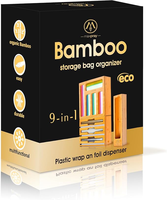 9 IN 1 Bamboo Foil and Plastic Wrap Organizer for Kitchen Drawer, Plastic Bag Organizer Organization and Storage, Food Storage Bag Organizer with Labels for Quart Gallon Snack Sandwich