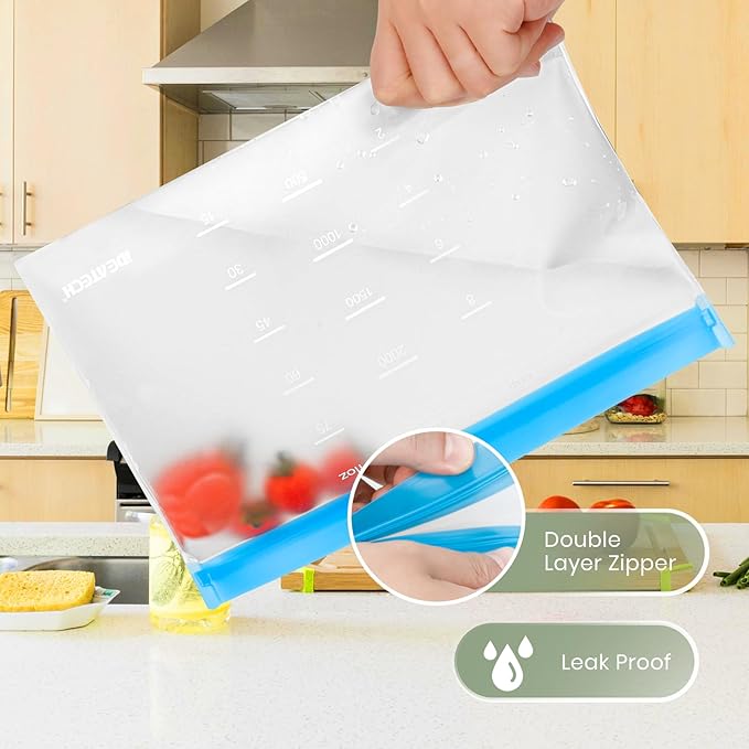 IDEATECH Reusable Bags Dishwasher Safe, BPA Free Reusable Gallon Freezer Bags, Stand Up Leakproof Food Storage Bags for Marinate Meats, Salad Fruit, Vegetables, Home Organization -Gray 6 Gallon