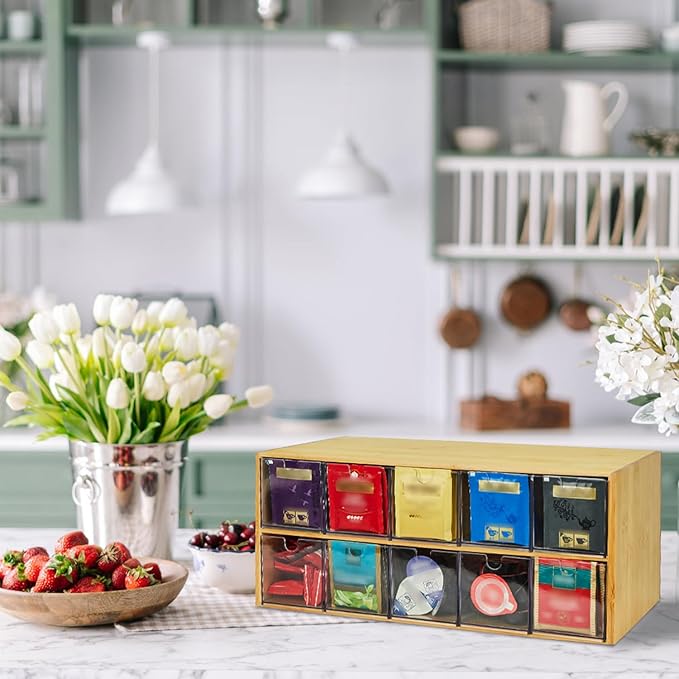 TIMIEEYA Tea Bag Organizer - Bamboo Tea Storage Organizer With Drawer 2 Layer, Tea Organizer for Tea Bags Natural Wood & Acrylic for Countertop Office Kitchen Cabinet Pantry