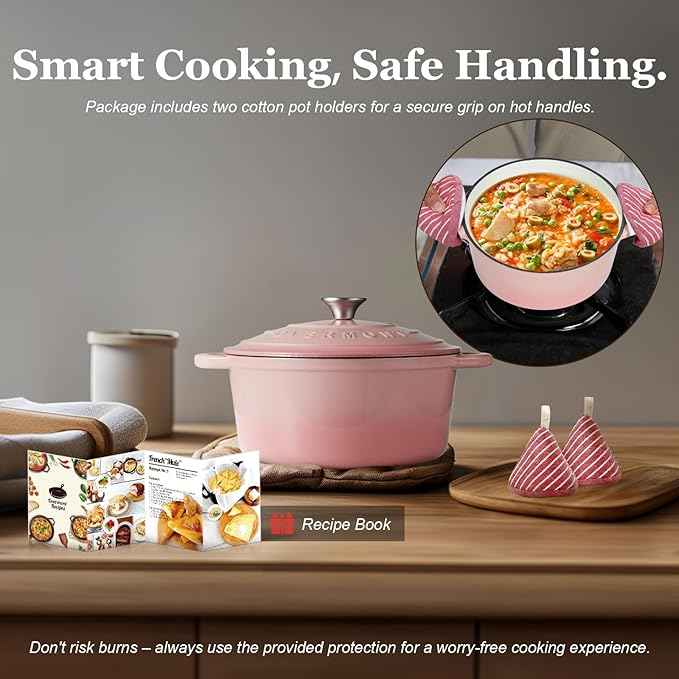 Overmont Enameled Cast Iron Dutch Oven - 5.5QT Pot with Lid Cookbook & Cotton Potholders - Heavy-Duty Cookware for Braising, Stews, Roasting, Bread Baking pink