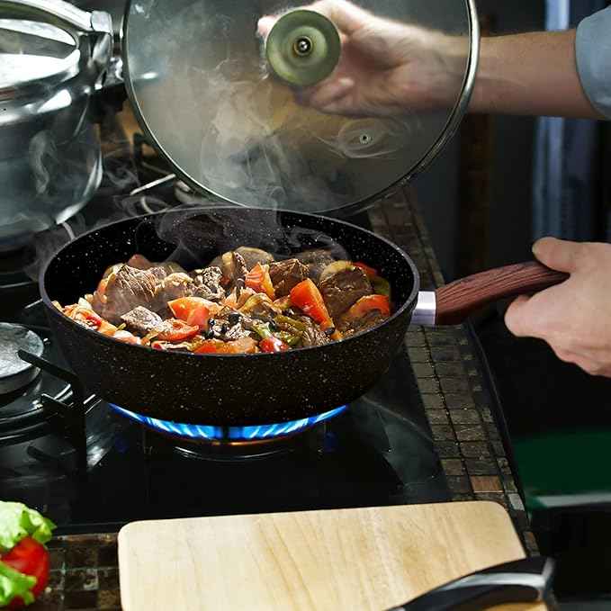 MAISON ARTS 17 Piece Pots and Pans Set Non Stick, Kitchen Cookware Sets with Nonstick Granite Stone Coating, Suitable for Induction Cooktops, Black