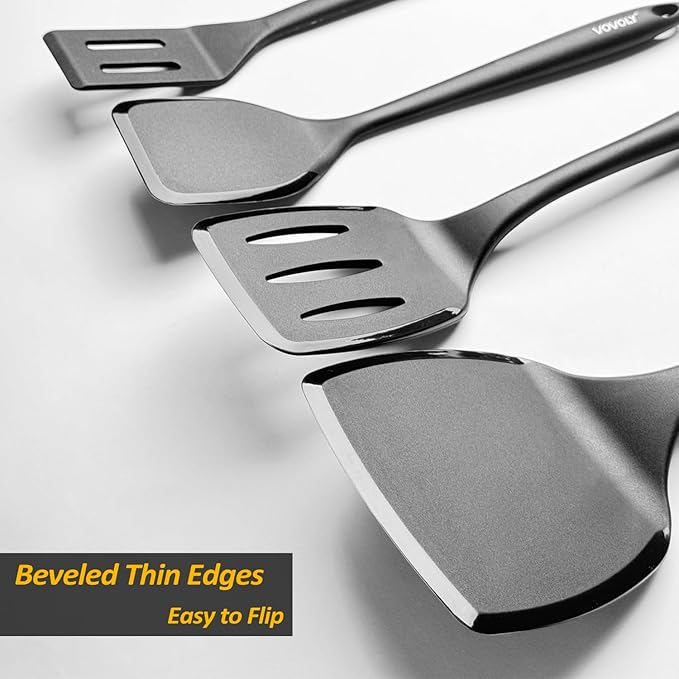 Silicone Pancake Spatula Turner with Lengthened Handle& Seamless Design, Heat Resistant Cooking Spatulas for Nonstick Cookware, Large Flexible Kitchen Utensils, Flipper for Egg, Pancake, Burger, Black