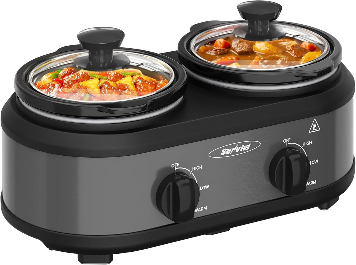 Sunvivi Dual Slow Cooker, Buffet Servers and Warmer with 2 Removable Ceramic Pots, Slow Cooker Food Warmer with Adjustable Temp & Glass Lids, Stainless Steel, 2 x 1.25 QT, Silver Grey