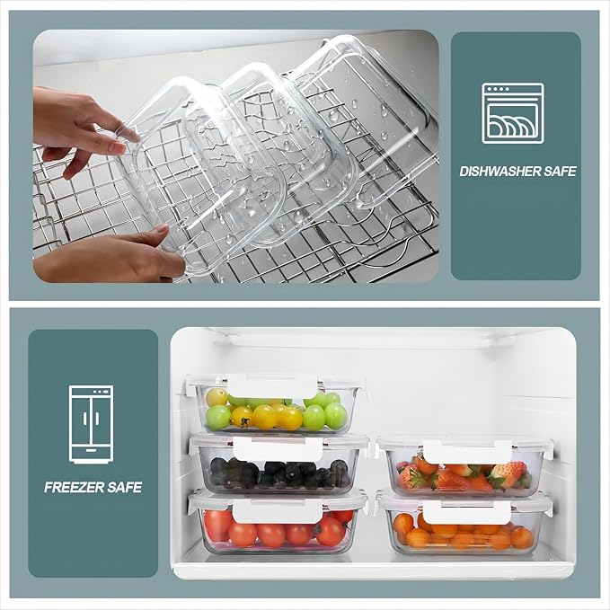 KOMUEE 30 oz 5 Pack Glass Meal Prep Containers, Glass Storage Containers with Lids - Dishwahser, Microwave, Oven and Freezer Safe, White