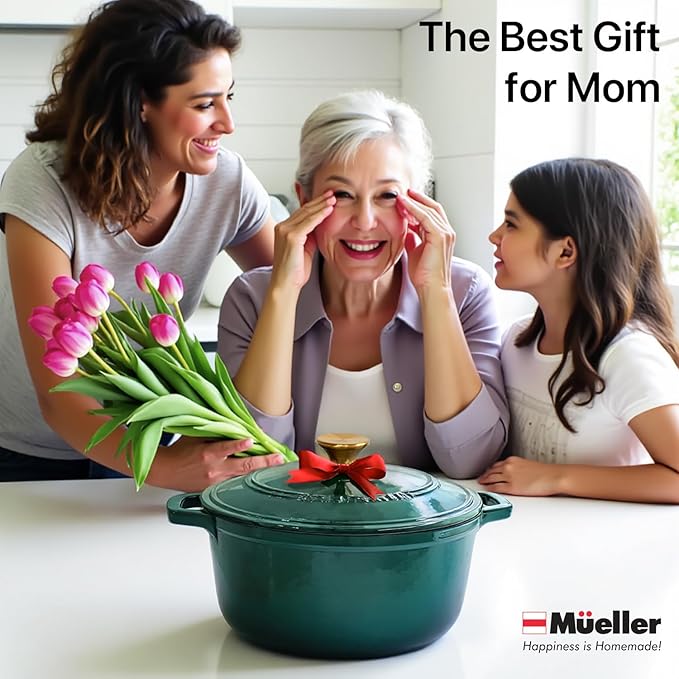 MUELLER HOME 4.5 QT Enameled Cast Iron Dutch Oven, Heavy-Duty Casserole Dish and Braiser Pan with Lid, Oven-Safe up to 500° F & Across All Cooktops, Housewarming Gifts New Home, Emerald