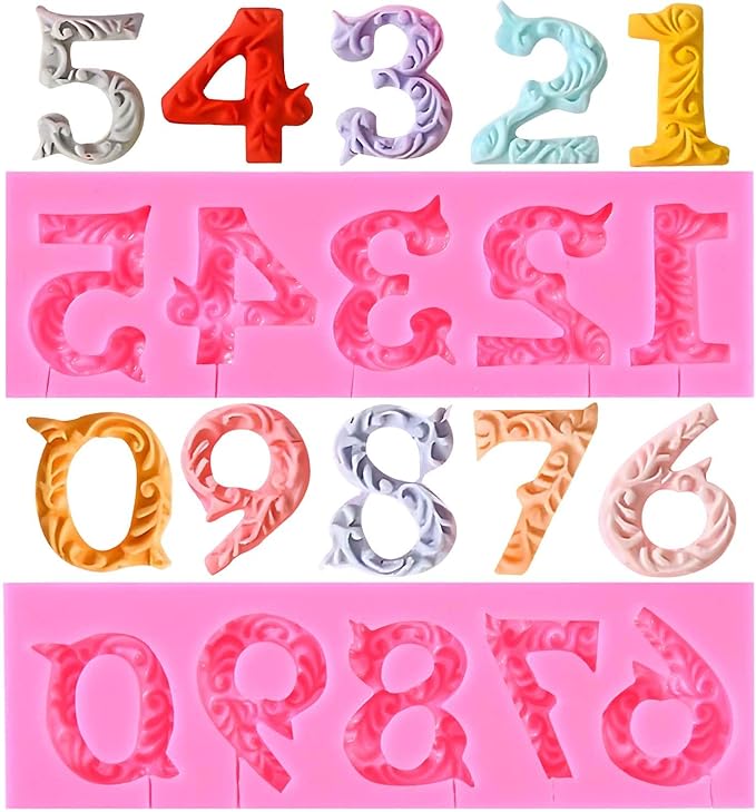 OBTANIM Silicone Number 0-9 3D Embossed Fondant Chocolate Mold with Stick Hole for Birthday Cake Decorating DIY Baking