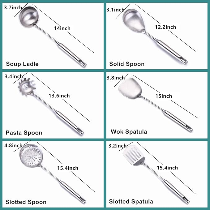 Cooking Utensils Set Stainless Steel Kitchen Metal Serving Utensils Set of 6 Pcs-Wok Spatula Ladle Set, Slotted Skimmer, Pasta Server, Serving Spoon, Slotted Spatula Tunner,Dishwasher Safe
