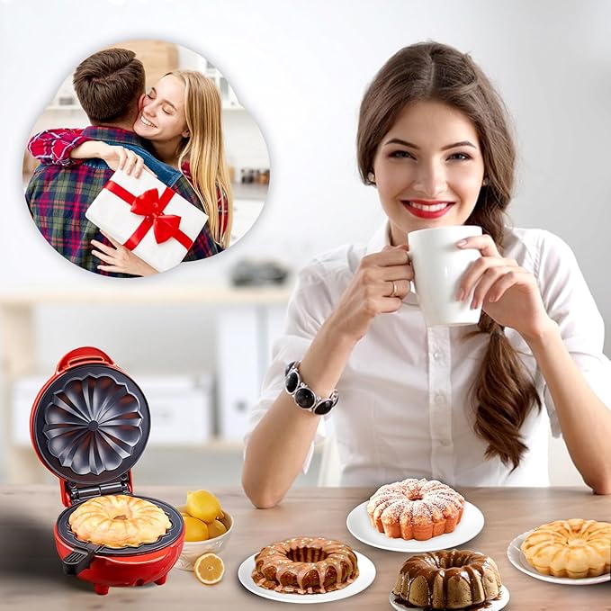 Mini Cake Maker, Portable Mini Bundt Cake Maker Double-Sided Heating, electric cupcake makers for Breakfast, Cake, Snacks (Red)