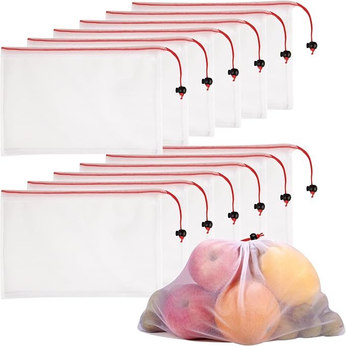 Set of 12 Washable Mesh Produce Bags - 12 Small Red (8"x12") See-Through Mesh Bags for Storage, Fruit, Vegetable, Toy