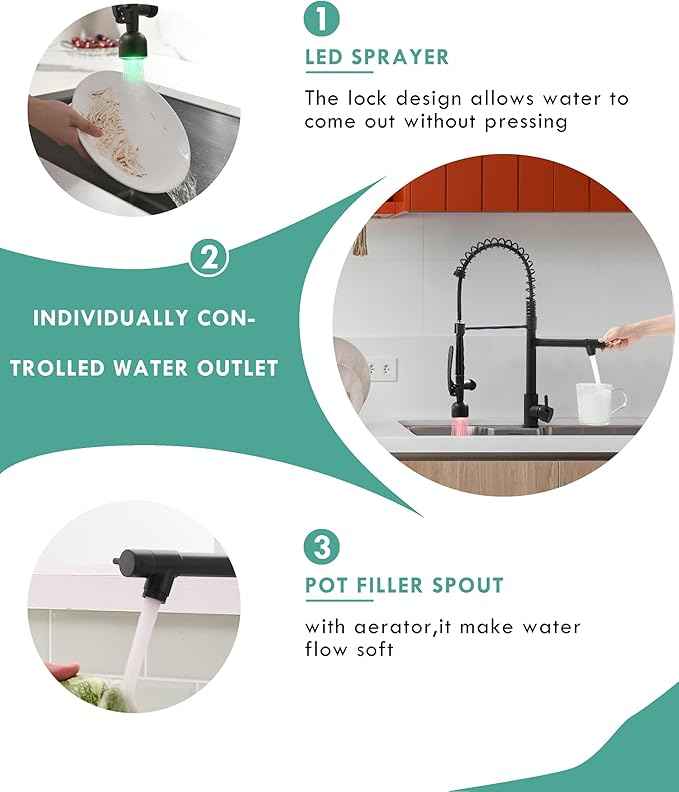 Fapully Black Kitchen Faucet with Pull Down Sprayer,Commercial LED Kitchen Faucet,Single Handle Single Hole Kitchen Sink Faucets
