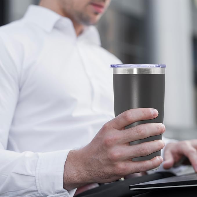 20 oz Tumbler Coffee Travel Tumblers Bulk with Lid Stainless Steel Double Wall Vacuum Insulated Mug Powder Coated Cups fit Car Cupholder for Hot and Cold - Grey, 4Pack