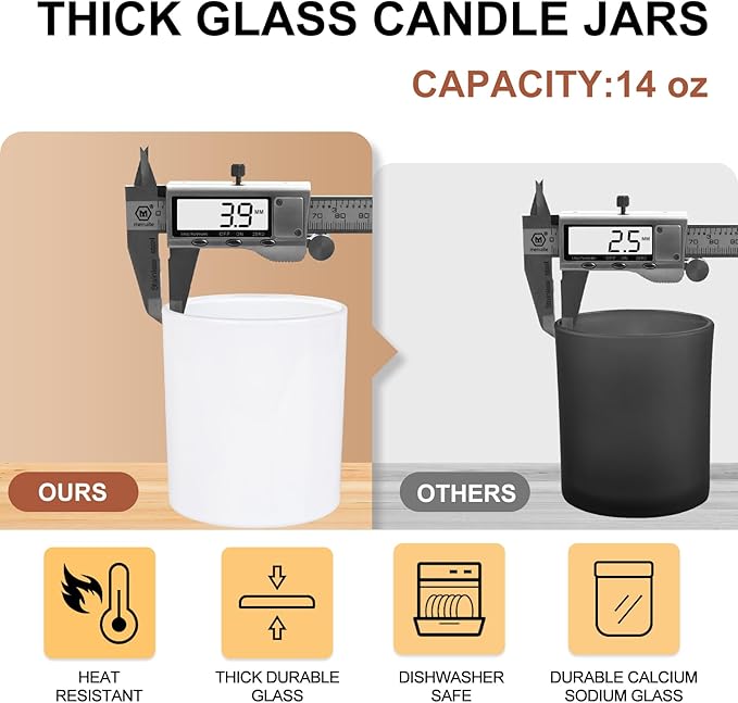 Thick Candle Jars for Making Candles 12 Pcs, 14 OZ Empty Jars with Wood Lids for Candle Making, Sample Container, Light White
