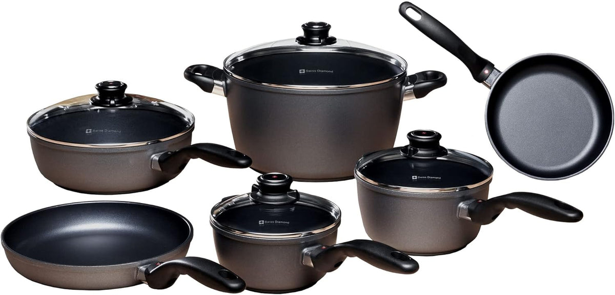 Swiss Diamond 10 Piece Nonstick Cookware Set - Diamond Enforced Aluminum Non Stick Pots and Pan Set, Dishwasher Safe and Oven Safe Pans Set, Grey