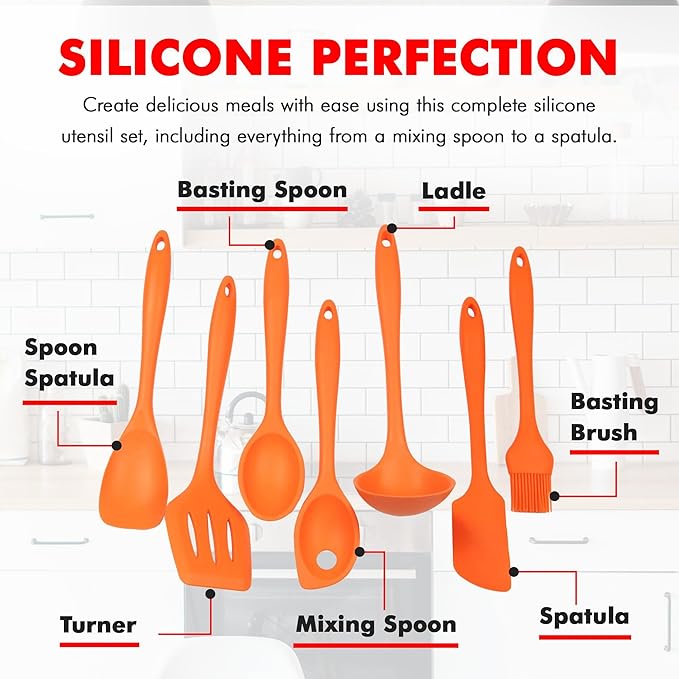 Chef Craft 7 Piece Silicone Kitchen Tool and Utensil Set, Orange (42078)