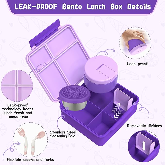 Kids Bento Lunch Box with 8oz Soup Thermo, Kids Leakproof Lunch Food Containers with 4 Compartment,Insulated Hot Food Jar with Lunch Bag for School, Travel (Purple)