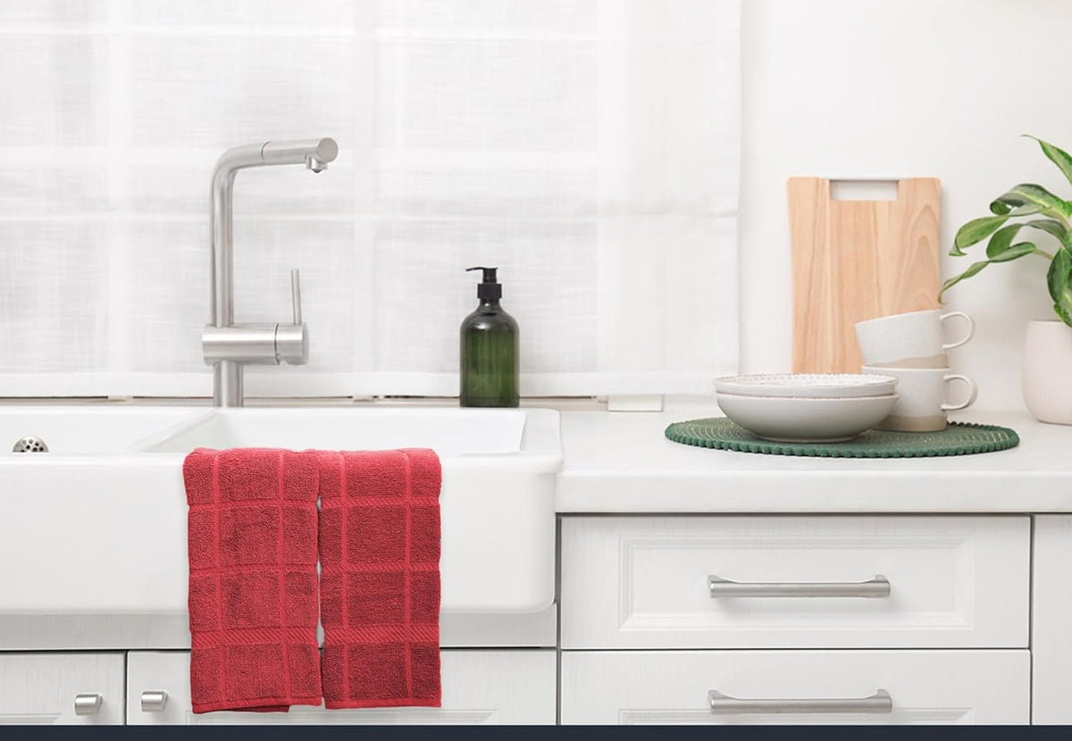 100% Cotton Terry Dish Towels, 4 Pack Plain, 16 x26 Inches, Super Soft and Absorbent Kitchen Towels, Perfect for Kitchen Cleaning and Dish Washing | RED