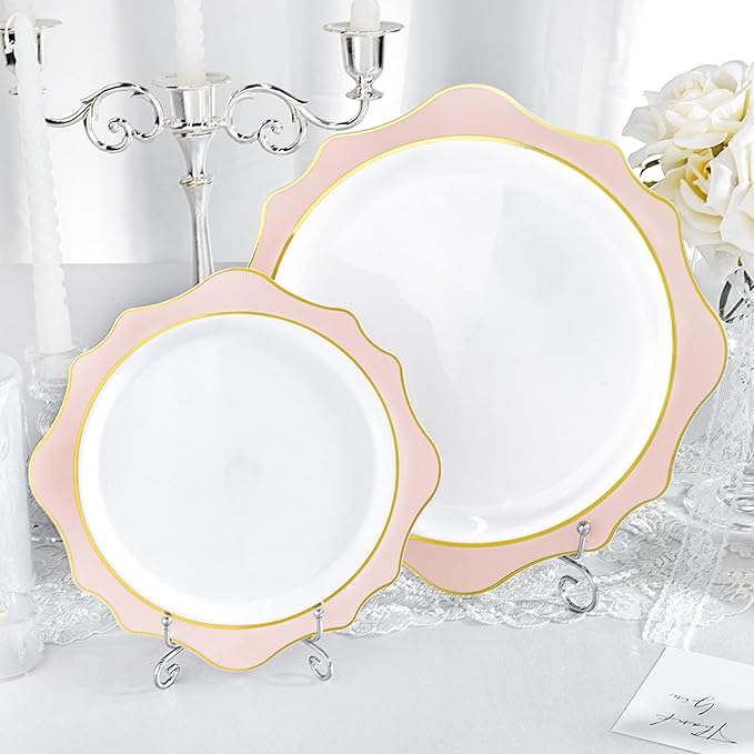 100 PCS White and Pink Disposable Plates for 50 Guests, Scalloped Plastic Plates Include 50 Dinner Plates and 50 Dessert Plates for Party, Wedding and Graduation