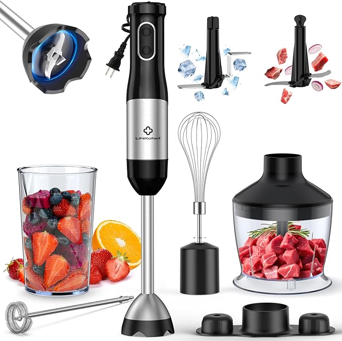 LINKChef 7-in-1 Immersion Blender, 800W Hand Blender with 20 Speeds and Turbo, Scratch-Resistant Guard, 2 Titanium Blades, Whisk, Milk Frother, Food Chopper, Beaker for Soup, Smoothies, Baby Food
